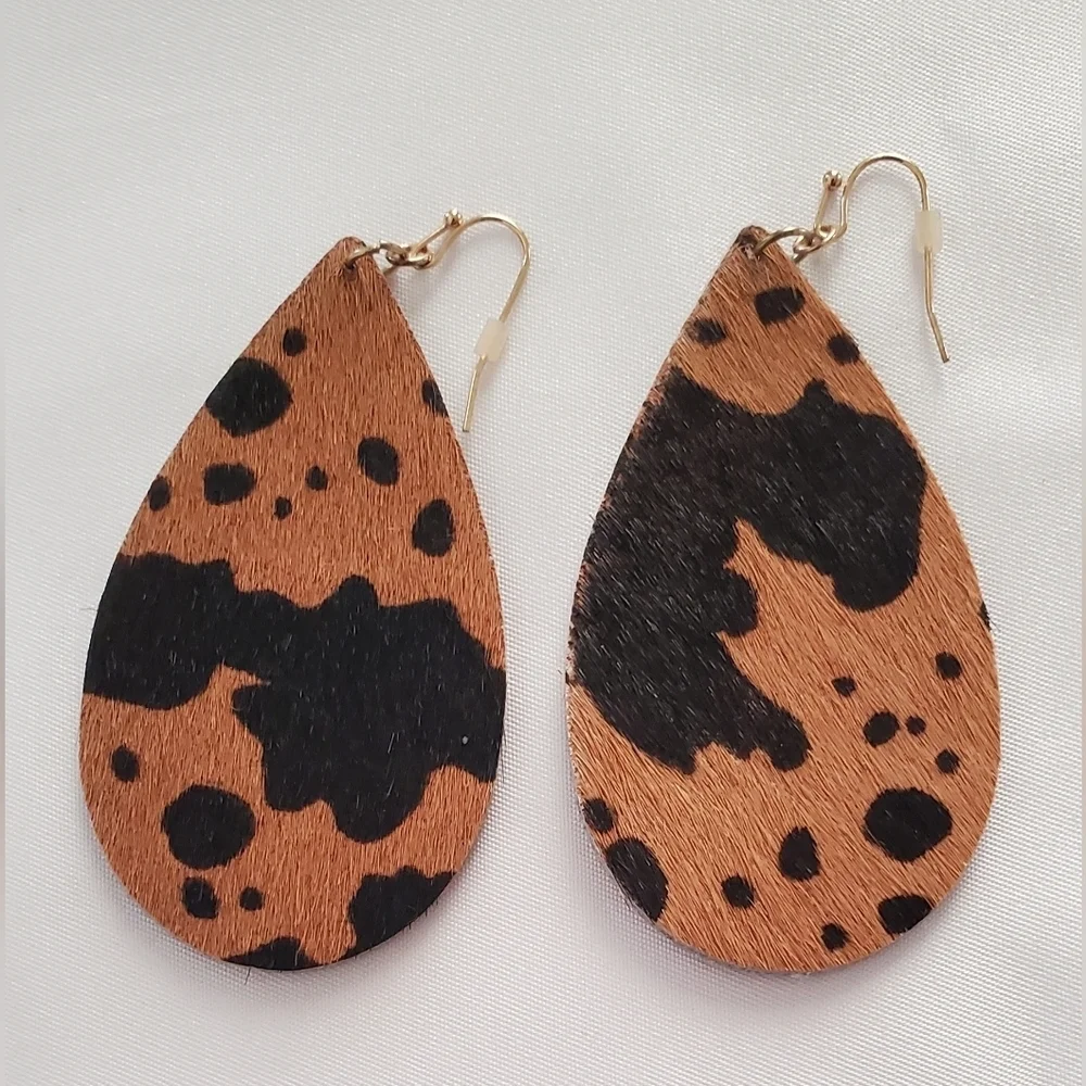 Cow Print Teardrop Earrings Brown and Black Faux Leather Western Lightweight - Picture 2 of 7